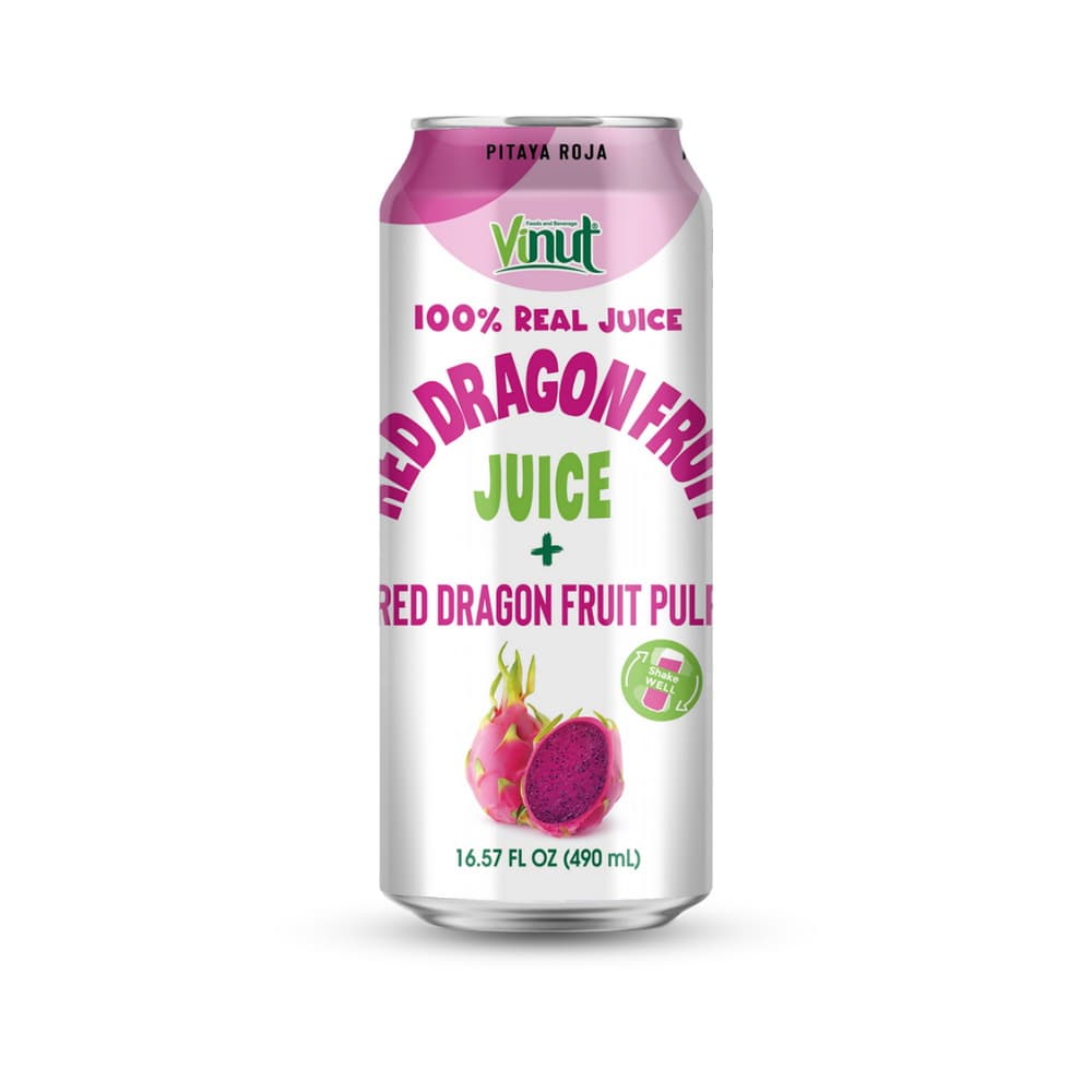 VINUT 100% Φυσικός Χυμός Κόκκινο Dragon Fruit + Πούλπα, Λεπτό Κουτάκι, 16.57 fl oz 490 mL